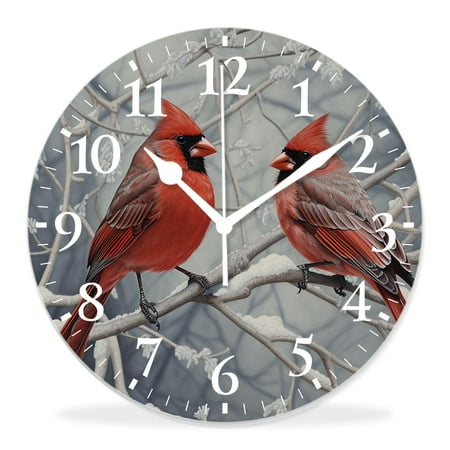 generic 16 inch Round Wall Clock,Winter Red Color Birds Art,Silent Non Ticking Wall Clocks for Living Room Kitchen Bedroom