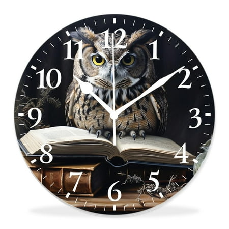 generic 16 inch Round Wall Clock,Wise Owl Sitting Book Multicolor,Silent Non Ticking Wall Clocks for Living Room Kitchen Bedroom