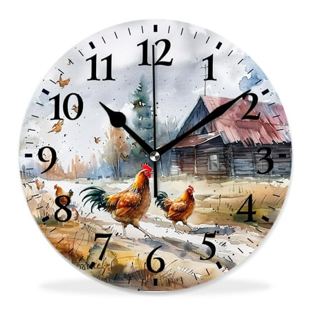 generic Silent Non-Ticking Decorative 12 inch Wall Clock,Chicken and Rooster in The Grass Adorable,Round Wall Clocks Decor for Home Office Kitchen Living Room Bedroom