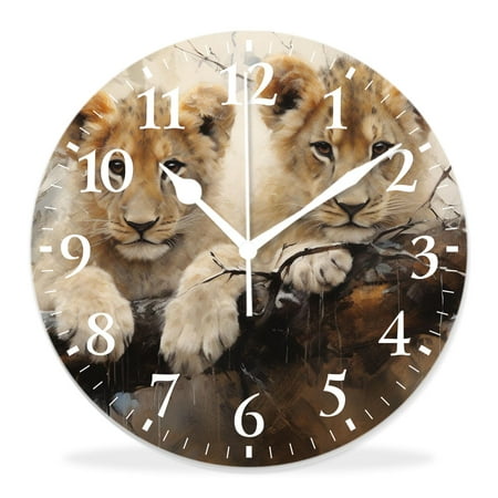 generic Silent Non-Ticking Decorative 12 inch Wall Clock,Cute Lion Playing Wildlife Animal in Autumn Woodland Painting,Round Wall Clocks Decor for Home Office Kitchen Living Room Bedroom