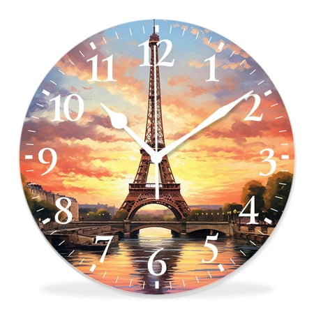 generic Silent Non-Ticking Decorative 12 inch Wall Clock,Eiffel Tower Landmark Sunrise with Clouds on Horizon Park Sun Elegant,Round Wall Clocks Decor for Home Office Kitchen Living Room Bedroom