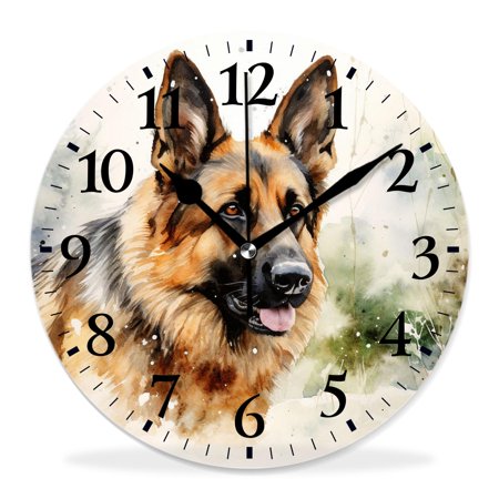 generic Silent Non-Ticking Decorative 12 inch Wall Clock,German Shepherd in Watercolor Green forest with Snowflake Exquisite,Round Wall Clocks Decor for Home Office Kitchen Living Room Bedroom