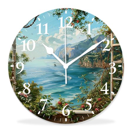 generic Silent Non-Ticking Decorative 14 inch Wall Clock,Tropical Sea Palms and Exotic Village Scene Cute,Round Wall Clocks Decor for Home Office Kitchen Living Room Bedroom