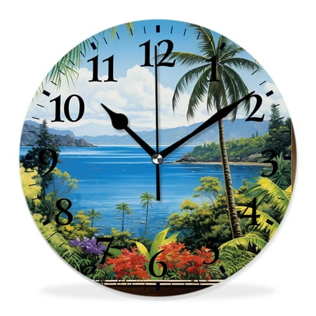 generic Silent Non-Ticking Decorative 14 inch Wall Clock,Tropical Sea Palms and Exotic Village Scene Exquisite,Round Wall Clocks Decor for Home Office Kitchen Living Room Bedroom