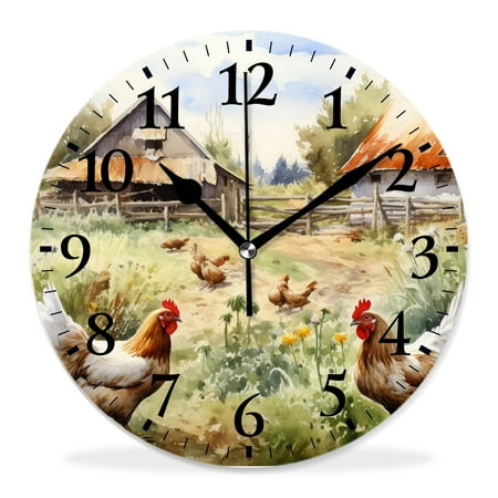 generic Silent Non Ticking 12 inch Round Wall Clocks,Chicken and Rooster in The Grass Painting,Decorative Clocks for Living Room Kitchen Bedroom