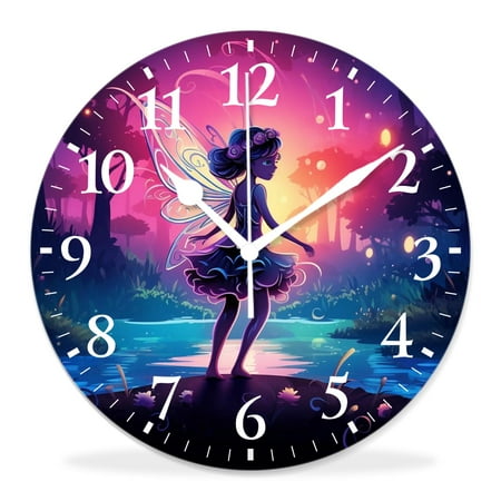 generic Silent Non Ticking 12 inch Round Wall Clocks,Cute Fairy Girl Flying at Night Sparkling Star Print Style,Decorative Clocks for Living Room Kitchen Bedroom