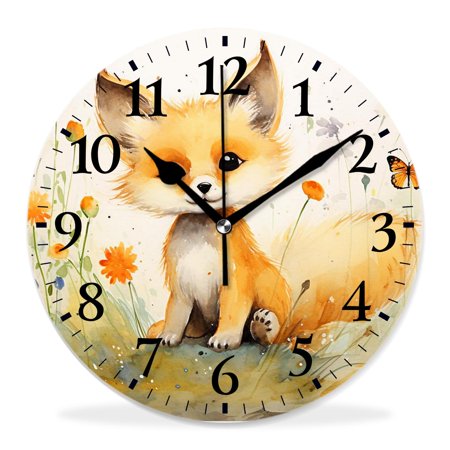 generic Silent Non Ticking 12 inch Round Wall Clocks,Cute Fox Watercolor forest Animal Butterfly Floral Print Image,Decorative Clocks for Living Room Kitchen Bedroom