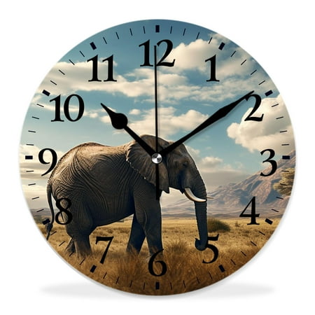 generic Silent Non Ticking 12 inch Round Wall Clocks,Elephants on Mount Kilimanjaro Lovely,Decorative Clocks for Living Room Kitchen Bedroom