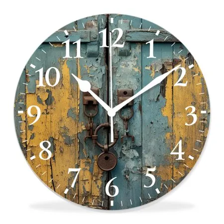 generic Silent Non Ticking 14 inch Round Wall Clocks,Rustic Aged Shed Door Backdrop Color Details Country Image,Decorative Clocks for Living Room Kitchen Bedroom