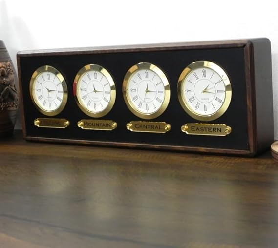 Generic Time Zone Clock. 4 Customizable Zones. Optional Zone Labels. Personal Labels Upon Request. Multi Zone. Wooden Frame and Clocks. Desk Clock., Gold