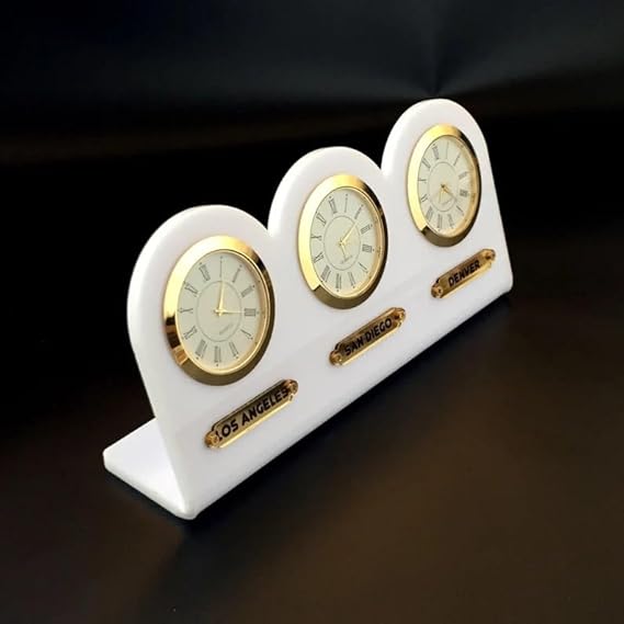 Generic White 5 mm Acrylic 3-Piece Table Clock. Names of Three Regions or Cities. Customizable Labels. Time Zone Clock. White Desk Clock, Gold