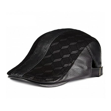 Genuine Leather Thin Print Geometry Berets Hats For Men Duckbill Leisure Black/Brown 54-61cm Fitted Cabbie Bonnet ,Keeps Shape on Long-term