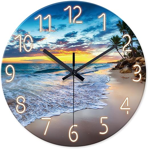 Glass Beach Wall Clocks Battery Operated 16 Inches or Larger - Analog Wall Clock Silent Non Ticking - Blue Wall Clock for Living Room