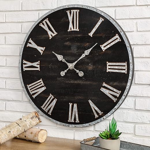 Glitzhome 28 Inches Huge Wall Clock Chic Distressed Black Clock Antique Rustic Wooden Clock Silent Non-Ticking Battery Operated Roman Numerals for Office Living Room Farmhouse Kitchen Decor