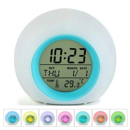 GLiving Alarm Clock for Kids Bedroom, Wake Up Light Digital Clock with Indoor Temperature & Calendar & 6 Natural Sound & 7 Colors Changing Light (Green)