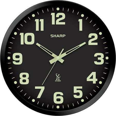 Glow in The Dark Atomic Analog Wall Clock - 12 Clock with Black Frame - Sets Automatically - Battery Operated - Easy to Read - Easy to Use – See Day or Night!