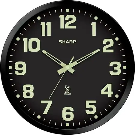 Glow in The Dark Atomic Analog Wall Clock - 12 Clock with Black Frame - Sets Automatically - Battery Operated - Easy to Read - Easy to Use – See Day or Night!