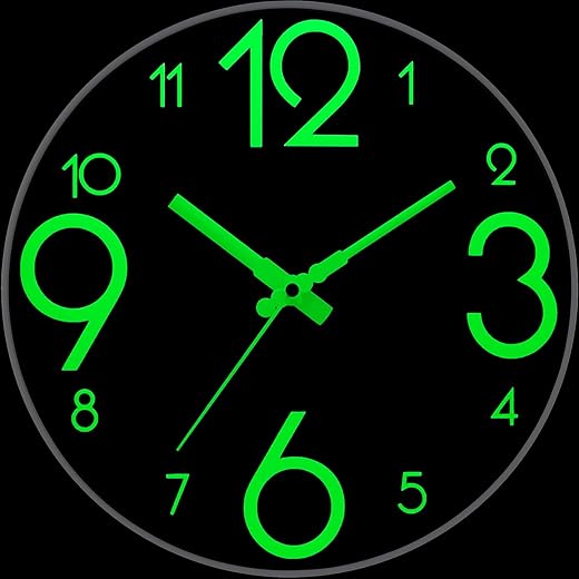 Glow in The Dark Wall Clock 12 inch Silent Non-Ticking Battery Operated Luminous Clocks with Night Lighted Large Retro Outdoor Modern Clock for Kitchen Bedroom Office Bathroom Living Room Home Decor