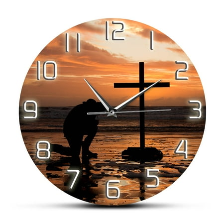 Godly Man Kneeling Pray At Cross Religious Wall Clock Pastor Precher Spiritual Faith Home r Prayer Silent Swept Wall Watch