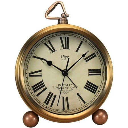 Golden Table Clock, Retro Vintage Non-Ticking Table Desk Alarm Clock Battery Operated Silent Quartz Movement HD Glass for Bedroom Living Room Indoor Decoration Kids