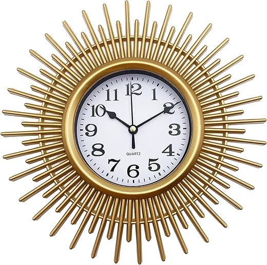 Gold Sunburst Wall Clock, 10 Inch Small Wall Clock Battery Operated, Modern Boho Decorative Wall Clock for Living Room, Bedroom, Kitchen, Office, Bathroom