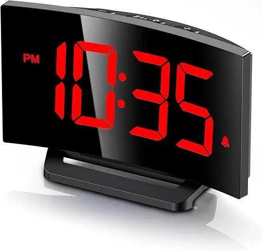 GOLOZA Digital Alarm Clock for Bedroom, Digital Clock with Modern Curved Design, Conspicuous Red LED Numbers, 5 Levels Brightness+Off, 2 Volume, 3 Alarm Tones, Snooze, Power-Off Memory, 12/24H