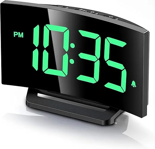 GOLOZA Digital Alarm Clock for Bedroom, Digital Clock with Modern Curved Design, Conspicuous LED Numbers, 5 Levels Brightness+Off, 2 Volume, 3 Alarm Tones, Snooze, Power-Off Memory, 12/24H