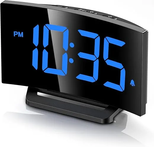 GOLOZA Digital Alarm Clock for Bedrooms, Digital Clock with Modern Curved Design, Conspicuous Blue LED Numbers, 5 Levels Brightness+Off, 2 Volume, 3 Alarm Tones, Snooze, Power-Off Memory, 12/24H