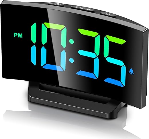 GOLOZA Digital Alarm Clocks for Bedrooms, Digital Clock with Modern Curved Design, Conspicuous 6 Colors RGB Display, 5 Levels Brightness+Off, 2 Volume, 3 Alarm Tones, Snooze, Power-Off Memory, 12/24H