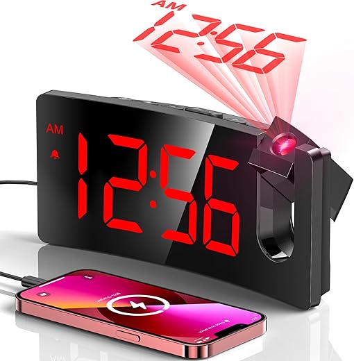 GOLOZA Projection Alarm Clock, Digital Clock with Modern Curved Design 180° Rotatable Projector, 3-Level Brightness Dimmer, Clear Red LED Display, Progressive Volume, 9mins Snooze,12/24H, for Bedroom