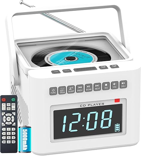 Greadio Rechargeable Boombox CD Player Alarm Clock Radio Combo, Bluetooth CD Boombox with 8 White Noise Machine for Sleeping, Support CD/MP3/AUX/USB/TF/FM Radio, Remote Control, Large Display, Dimmer