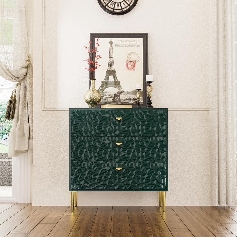 Green 3-Drawer Wood Nightstand with Tapered Support Legs