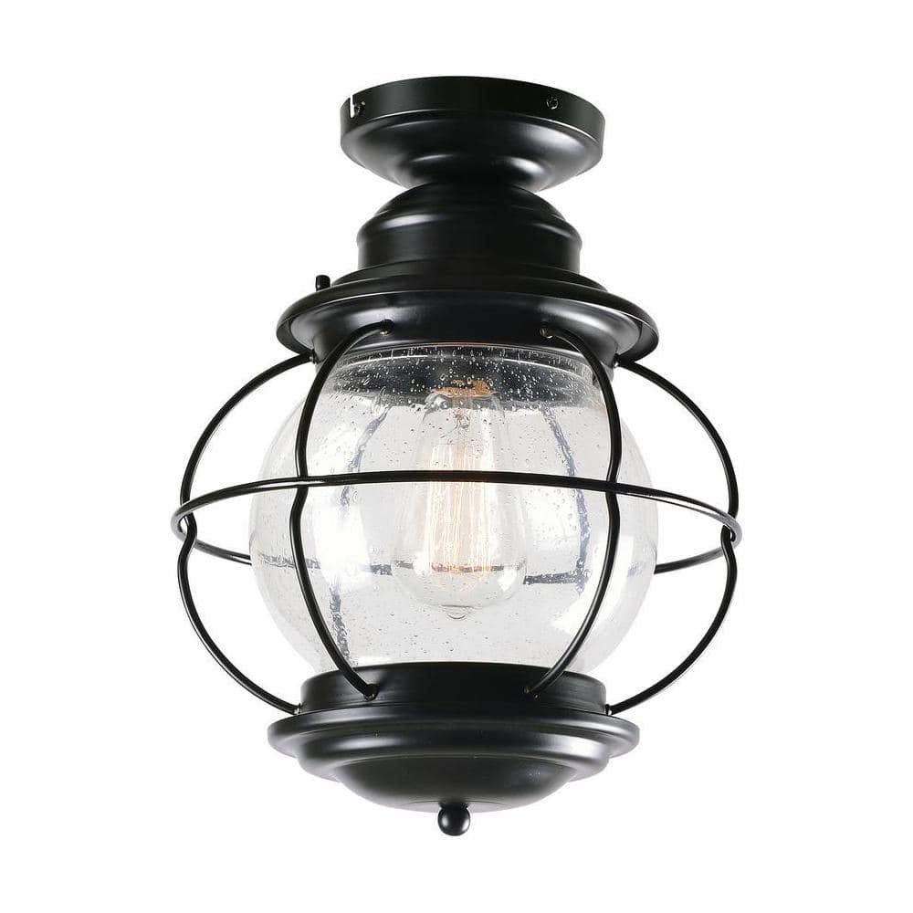 Greer 1-Light Black Outdoor Semi-Flush Mount Ceiling Light with Caged Seeded Glass
