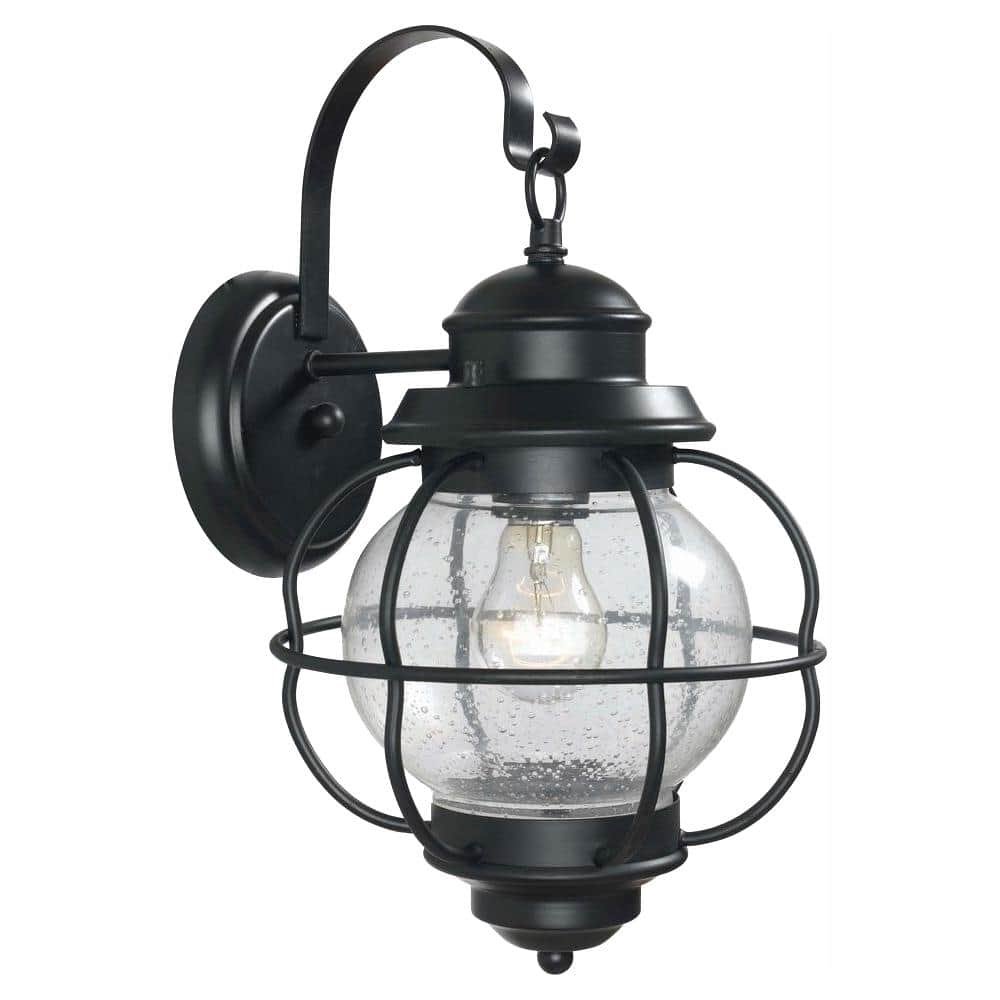 Greer 15.16 in. 1-Light Black Outdoor Wall Lantern Sconce Light with Caged...