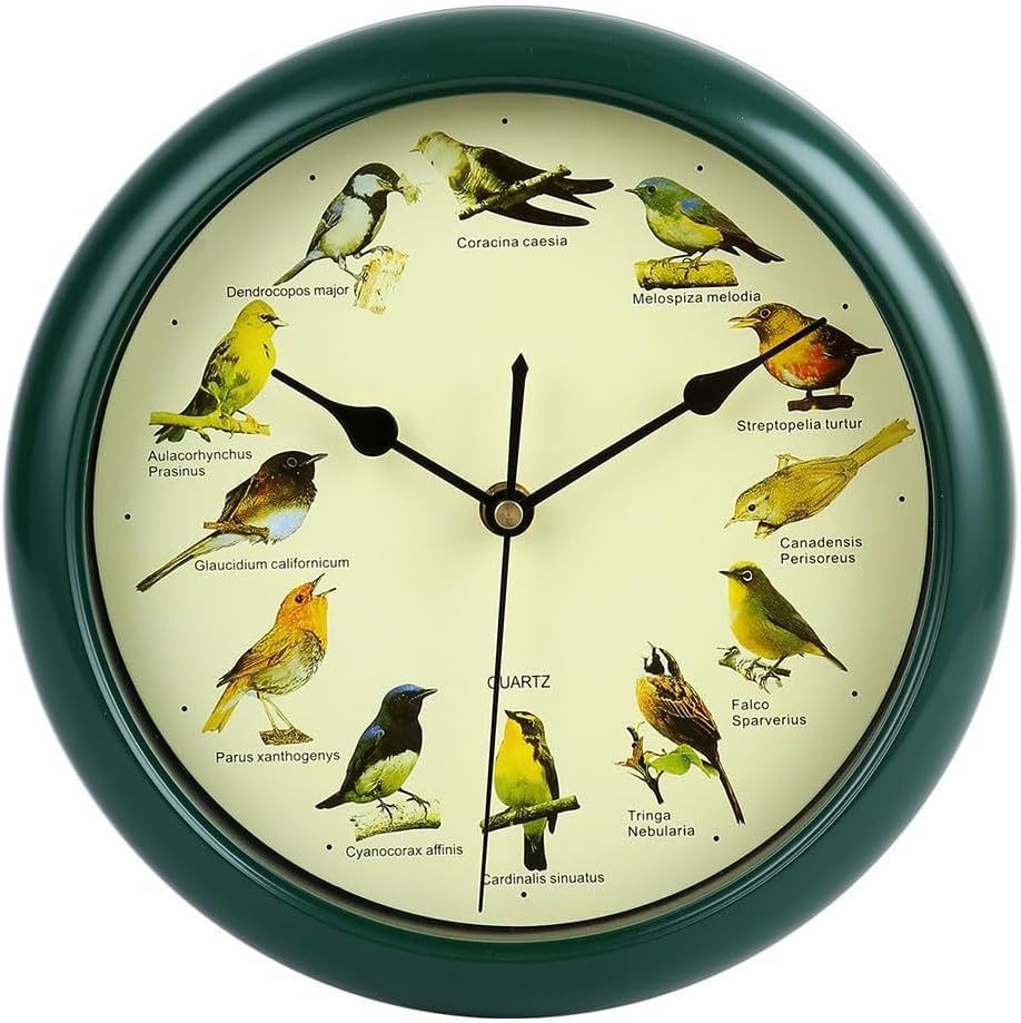 Grishay Birdsong Timepiece, Bird Clock That Sings on Hour, Musical Wall Clock, Vintage Birds Clock, Clock with Bird Decor, Bird House Wall Clock, Novelty Multipurpose Housewarming Gifts(Green,10in)