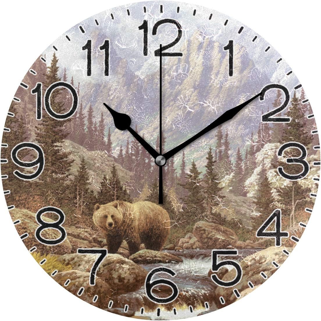 Grizzly Bear Wall Clock Battery Operated Non Ticking Silent Quartz Analog Rustic Farmhouse Round Clock Retro Decor for Home Kitchen Living Room Bathroom