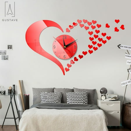 Gustavedesign Mirror Wall Clock Modern Design 3D Wall Sticker Clock Heart-Shaped Silent Home Decor for Living Room Bedroom TV Wall Office DIY, Red