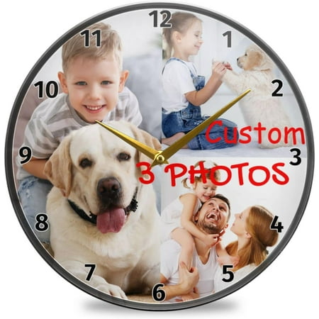 GZHJMY Custom Photo Personalized Wall Clock Silent Non Ticking Wall Clocks Custom Name Text Logo Round Clock Battery Operated for Family Home Office School Decor, Custom 3 Photos Collage