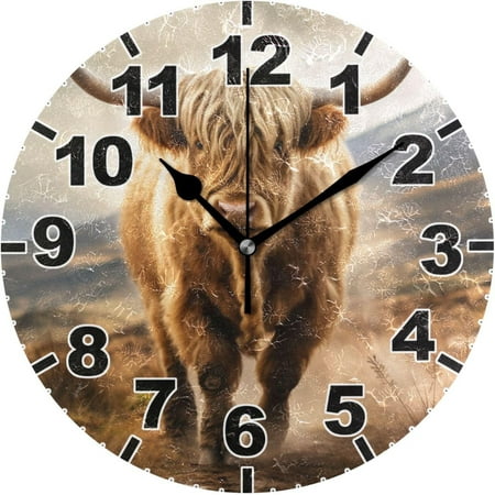 GZHJMY Highland Cow Round Wall Clock, Battery Operated Silent Non Ticking Desk Clock for Home Bedroom Kitchen Office School Decor Wall Clock 9.9 Inch