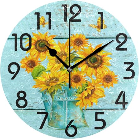 GZHJMY Vintage Watering Can Sunflwoers Butterfly Round Wall Clock, 9.5 Inch Battery Operated Quartz Analog Quiet Desk Clock for Home,Office,School,Kitchen