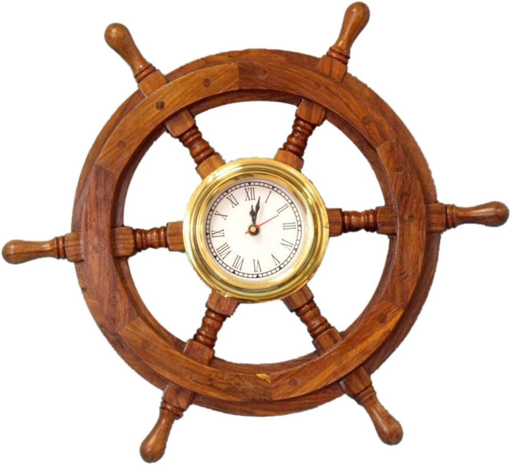 Hampton Nautical Deluxe Class Wood and Brass Ship Wheel Clock 18 - Decorative Ship Steering Wheel - Nautical Home Decorating