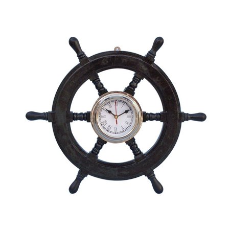 Handcrafted Model Ships 18 in. Deluxe Class Wood & Chrome Pirate Ship Wheel Clock - Black - 18in.