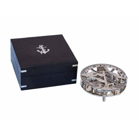 Handcrafted Model Ships 6 in. Chrome Round Sundial Compass with Black Rosewood Box