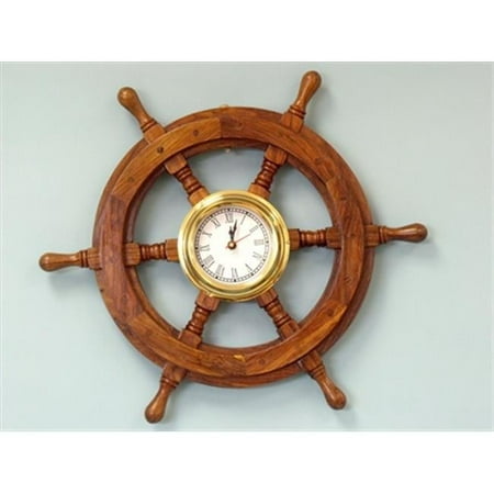 Handcrafted Model Ships Deluxe Class Wood And Brass Ship Wheel Clock 18 in. Ship Wheels Decorative Accent