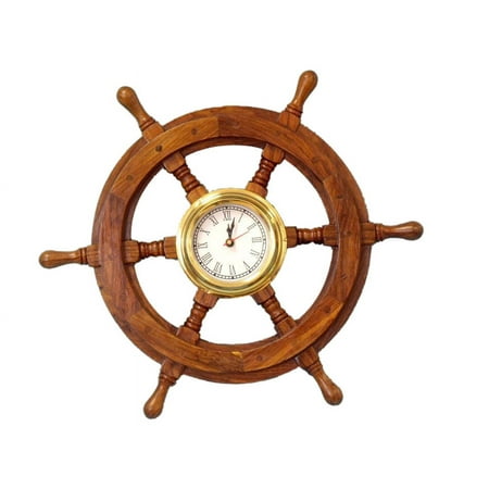 Handcrafted Model Ships Deluxe Class Wood And Brass Ship Wheel Clock 18 in. Ship Wheels Decorative Accent