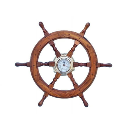 Handcrafted Model Ships Deluxe Class Wood And Brass Ship Wheel Clock 24 in. Ship Wheels Decorative Accent