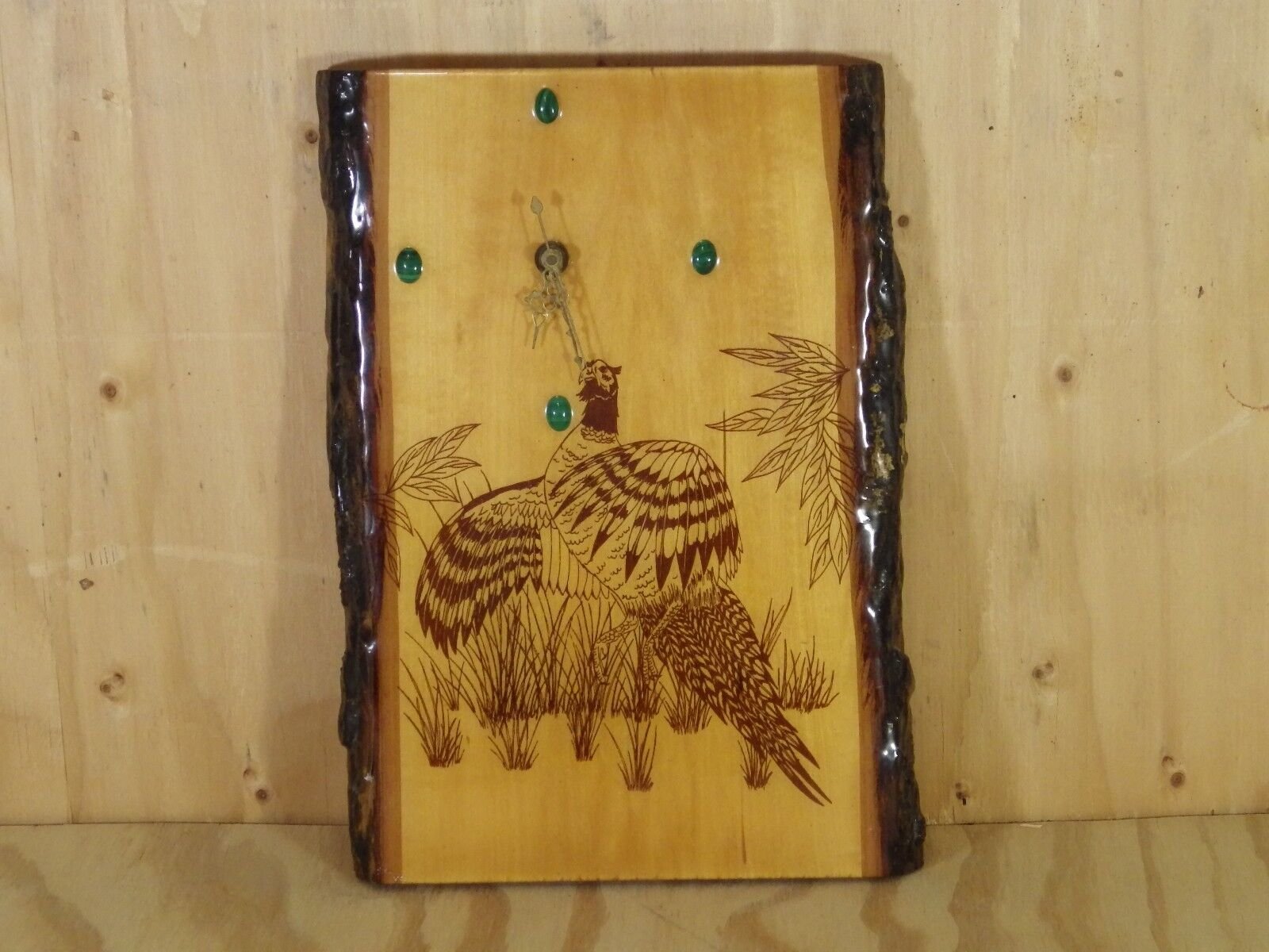 Hand Crafted Wood Slab Wall Clock Pheasant Scenery Malachite Face Markers