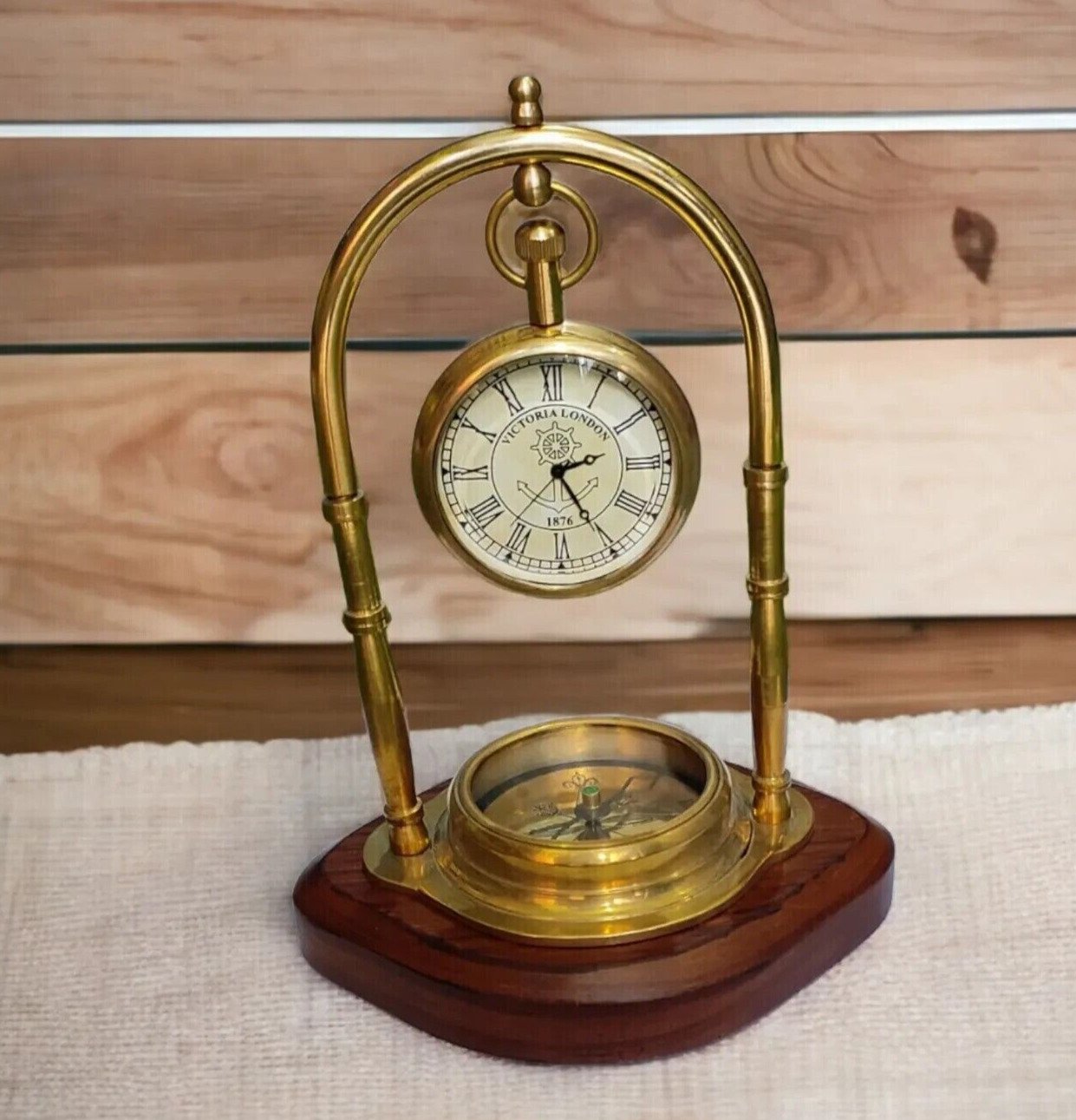 Handicraft Table Clock | Desk Clock with Maritime Vintage Brass Compass
