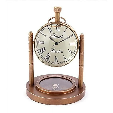 Handmade Brass Analog Table Clock with Roman Dial, Compass Base, Antique Style