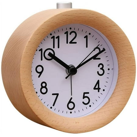 Handmade Round Wooden Alarm Clock Round Digital Alarm Clock - Silent Bedside Table Made of Beech Wood - Alarm Clock with Night Light - Battery Operated Analog Alarm Clock for